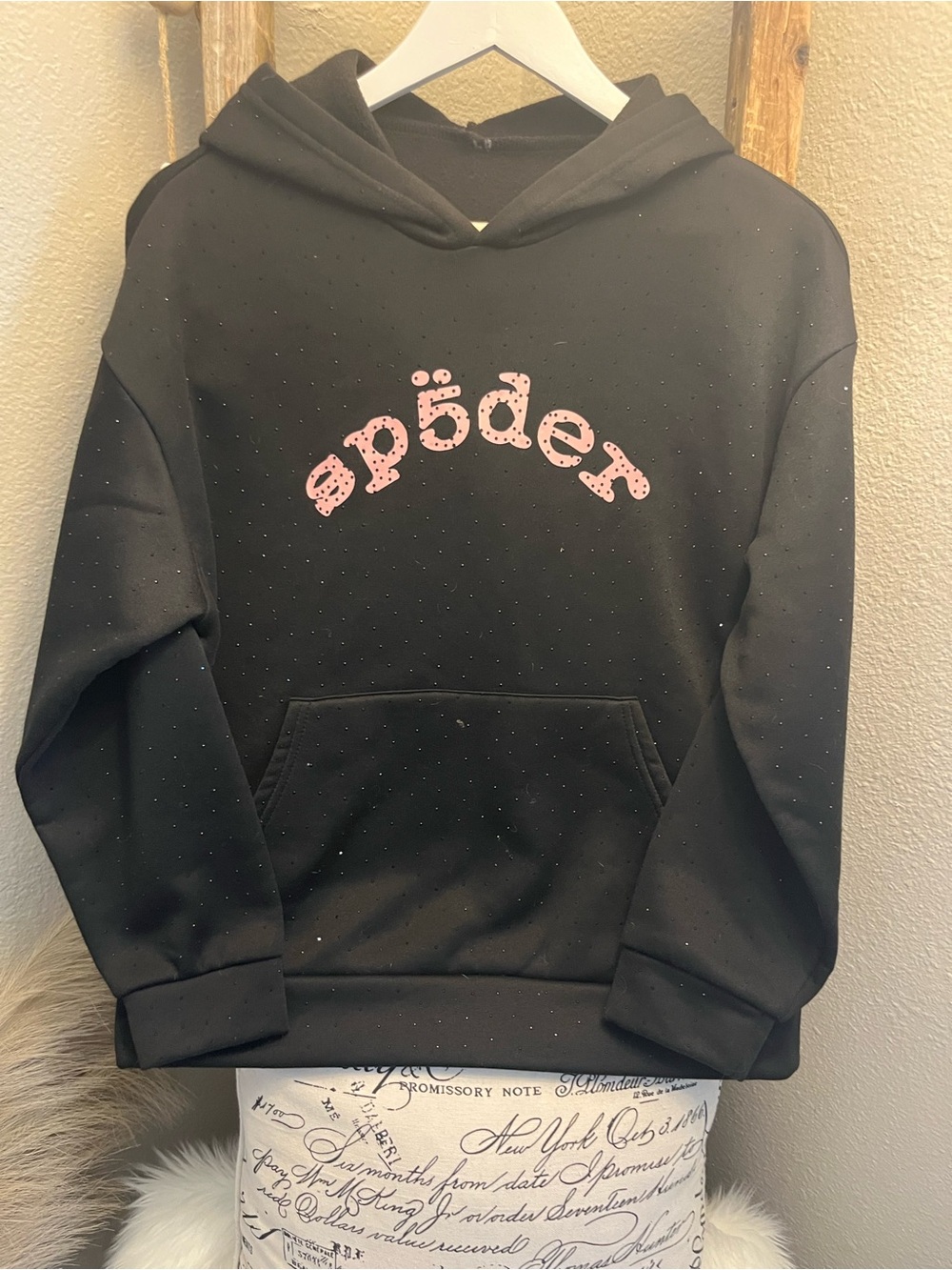 Black Hoodie with Pink Ap5der Logo and Rhinestones